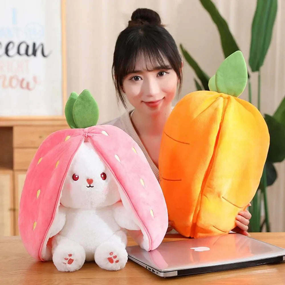 Adorable Fluffy Bunny Plushie with Strawberry and Carrot Accents - Zip Up Design!