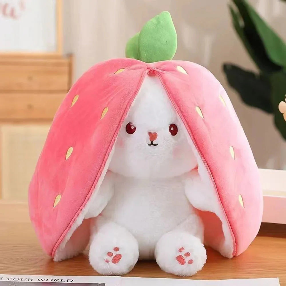 Adorable Fluffy Bunny Plushie with Strawberry and Carrot Accents - Zip Up Design!