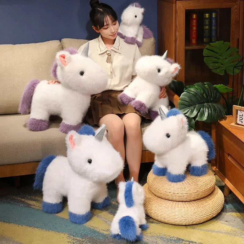 Adorable Fluffy Chibi Unicorn Plushie in White, Blue, and Purple