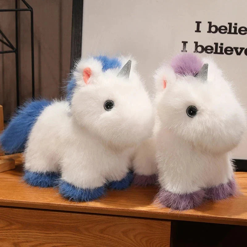 Adorable Fluffy Chibi Unicorn Plushie in White, Blue, and Purple