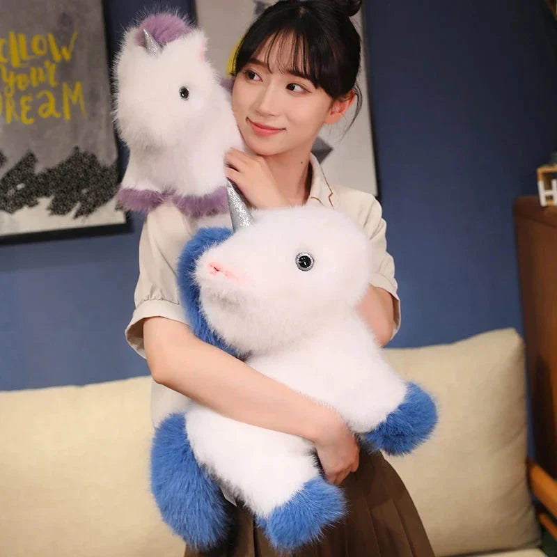 Adorable Fluffy Chibi Unicorn Plushie in White, Blue, and Purple