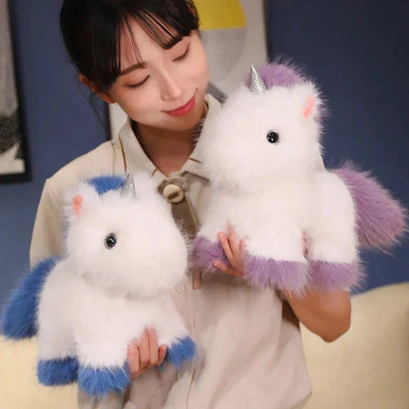 Adorable Fluffy Chibi Unicorn Plushie in White, Blue, and Purple