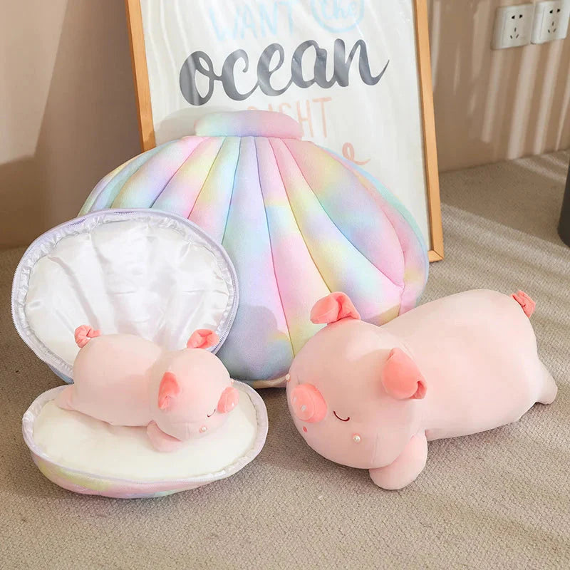 Adorable Jeju the Pig Plushie Snuggled in a Cozy Shell