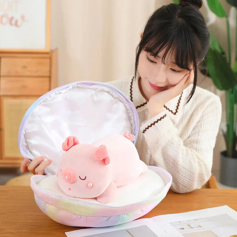Adorable Jeju the Pig Plushie Snuggled in a Cozy Shell