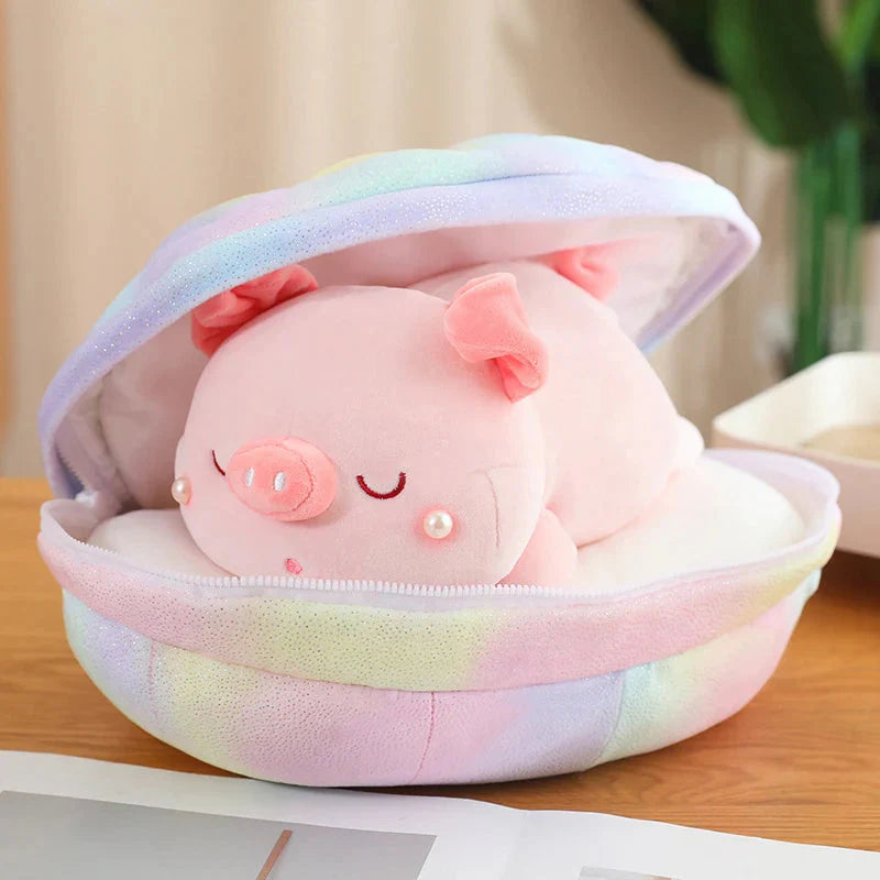 Adorable Jeju the Pig Plushie Snuggled in a Cozy Shell