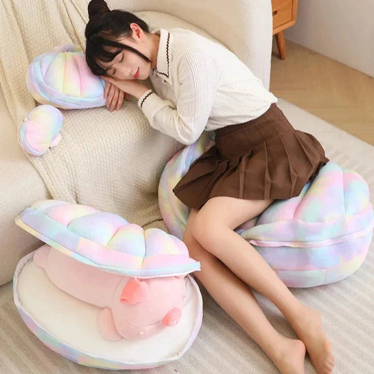 Adorable Jeju the Pig Plushie Snuggled in a Cozy Shell