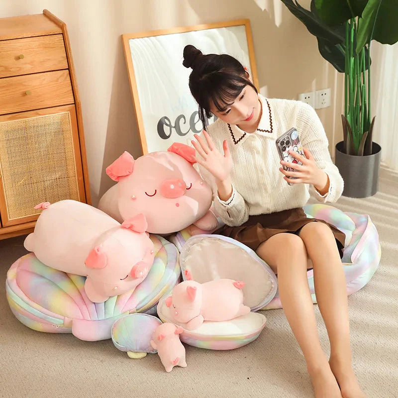 Adorable Jeju the Pig Plushie Snuggled in a Cozy Shell