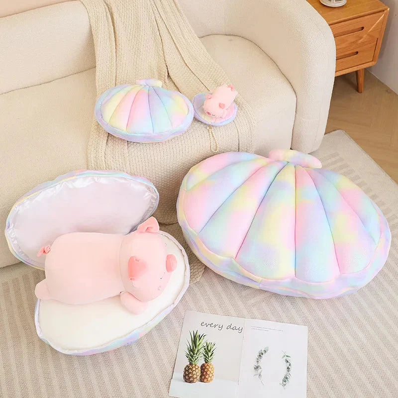 Adorable Jeju the Pig Plushie Snuggled in a Cozy Shell