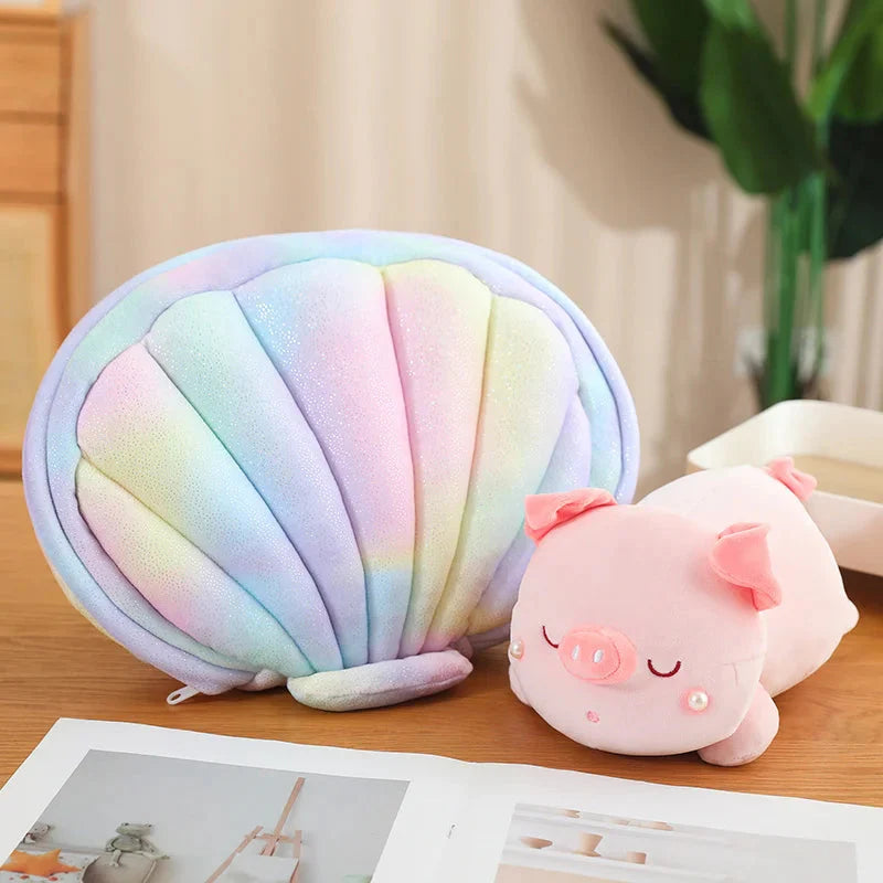 Adorable Jeju the Pig Plushie Snuggled in a Cozy Shell