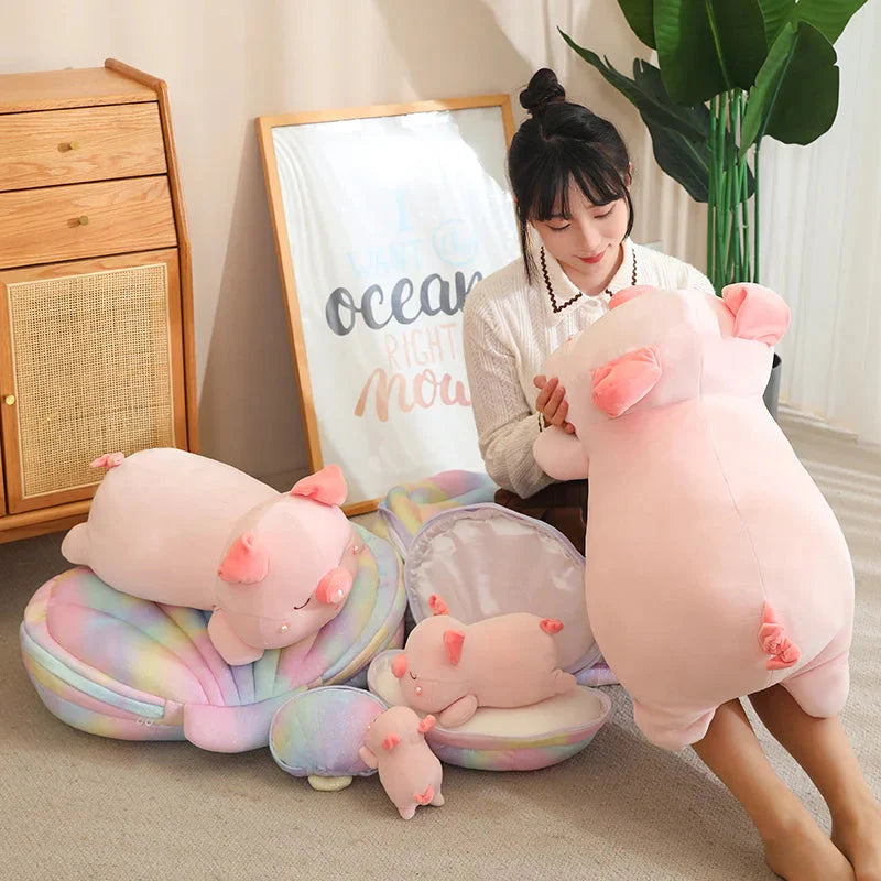 Adorable Jeju the Pig Plushie Snuggled in a Cozy Shell