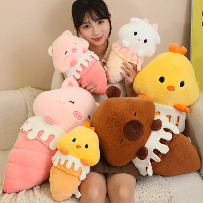 Adorable Kawaii Ice Cream-Inspired Plushie Collection: Pig, Capybara, Chick, and Sheep!