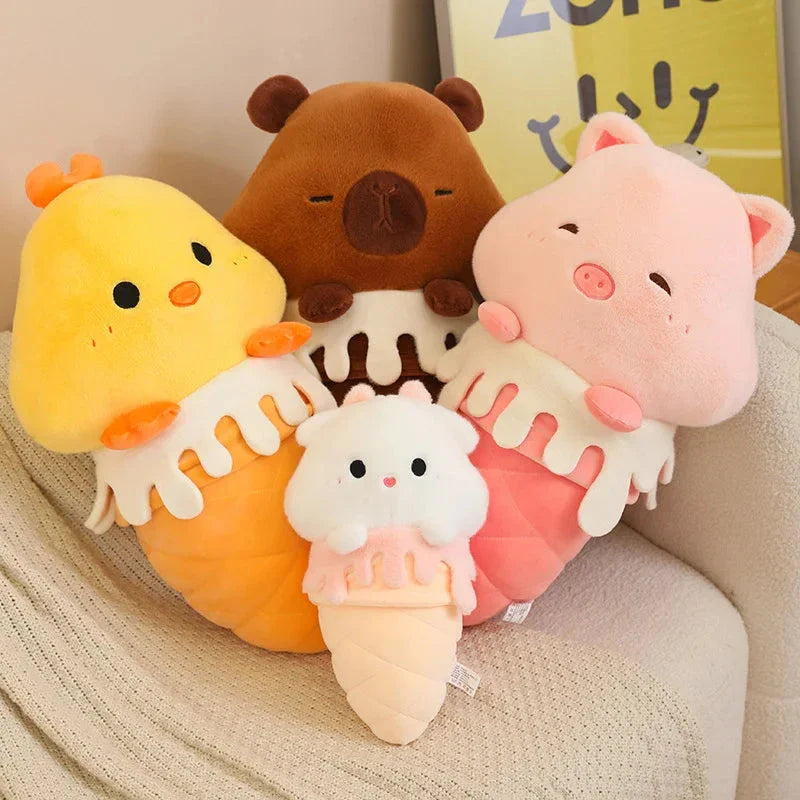 Adorable Kawaii Ice Cream-Inspired Plushie Collection: Pig, Capybara, Chick, and Sheep!