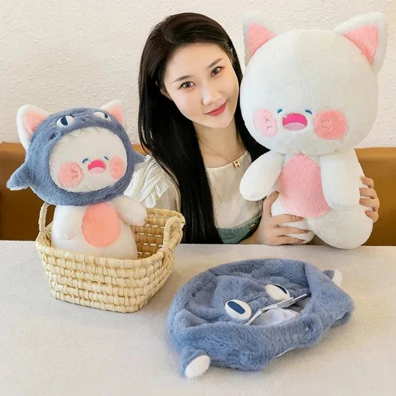 Adorable Plushie of a White Cat Shark Hat