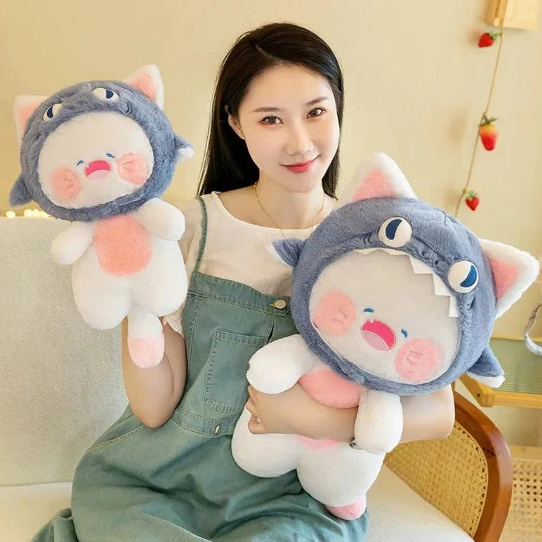 Adorable Plushie of a White Cat Shark Hat