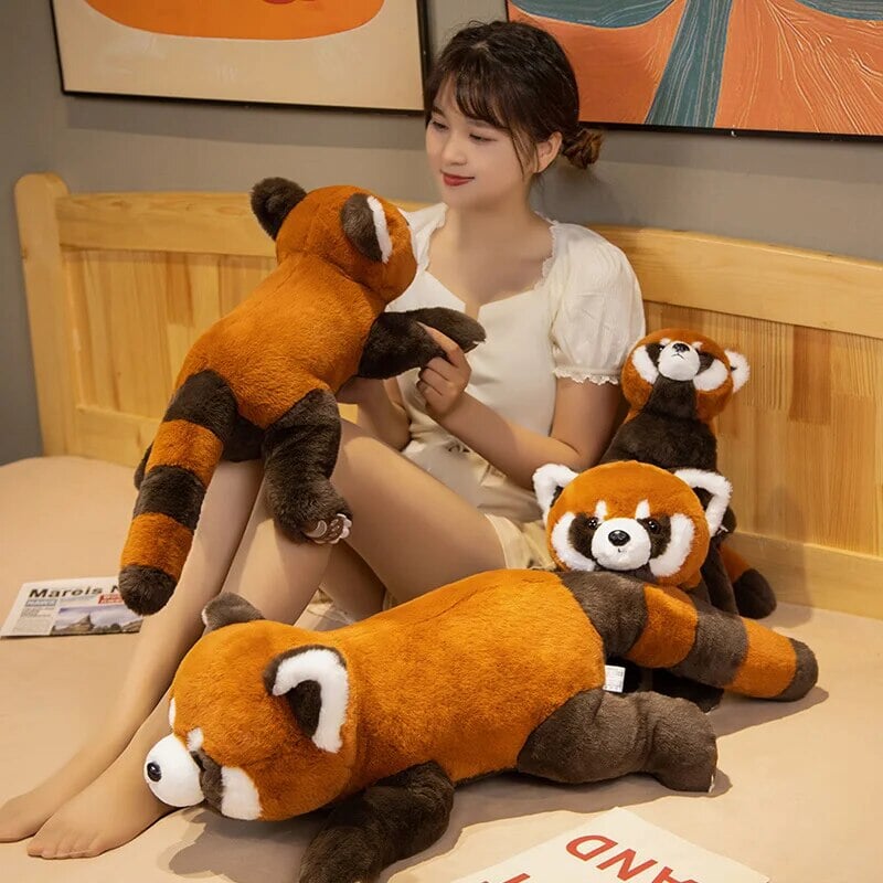 Adorable Laying Fluffy Red Panda Realistic Plush Toy