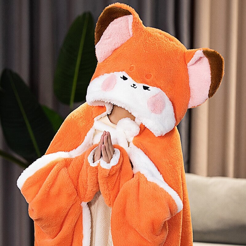 Adorable Orange Fox Plush Cape Hoodie Blanket
