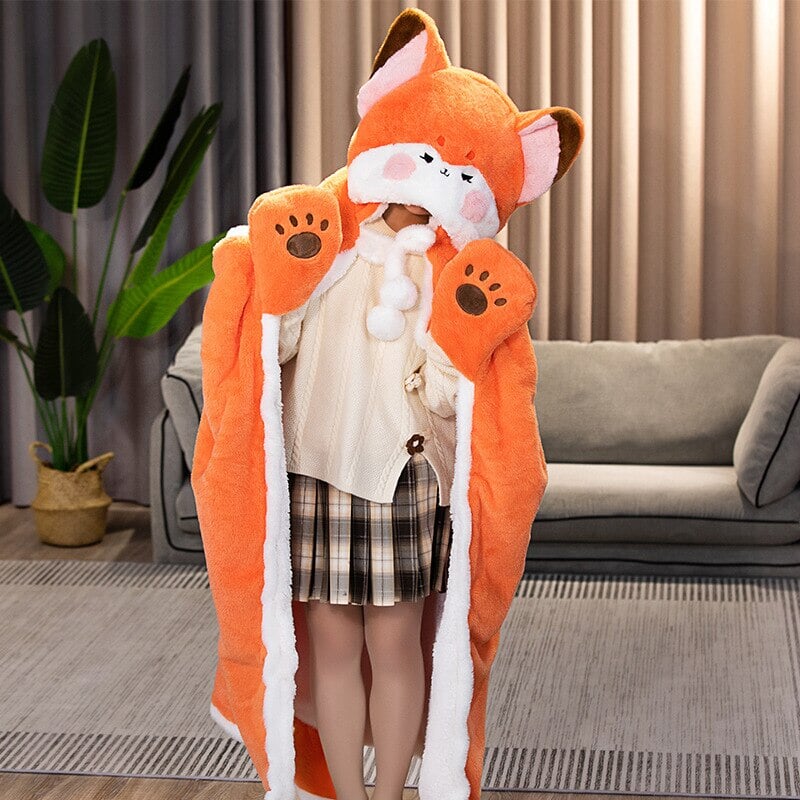 Adorable Orange Fox Plush Hoodie Blanket Cape