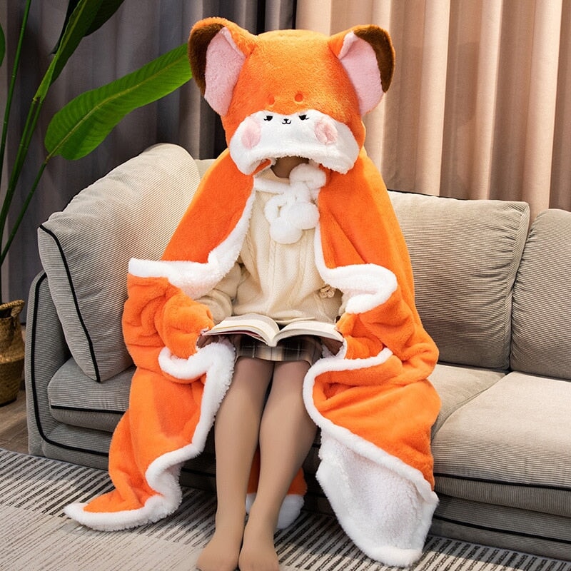 Adorable Orange Fox Plush Cape Hoodie Blanket