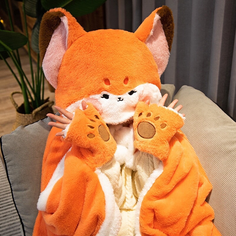 Adorable Orange Fox Plush Cape Hoodie Blanket