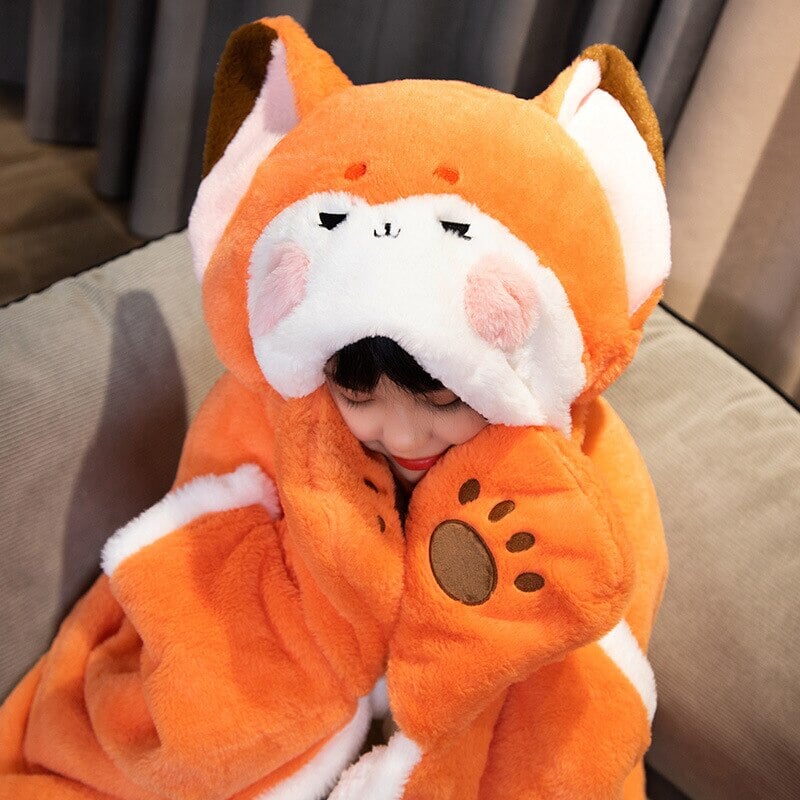 Adorable Orange Fox Plush Cape Hoodie Blanket