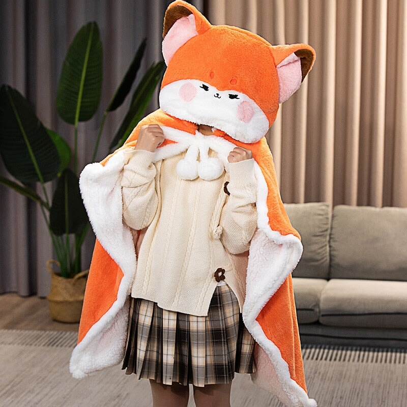 Adorable Orange Fox Plush Cape Hoodie Blanket