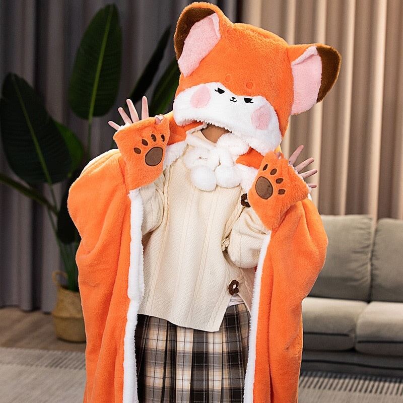 Adorable Orange Fox Plush Cape Hoodie Blanket