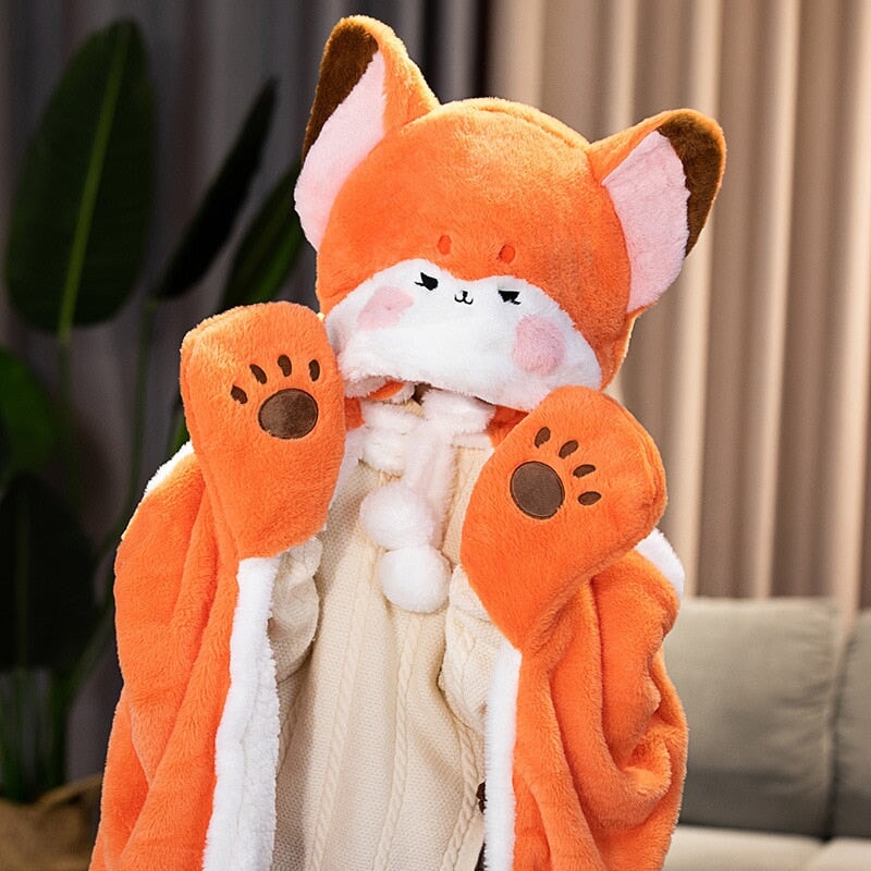Adorable Orange Fox Plush Hoodie Blanket Cape