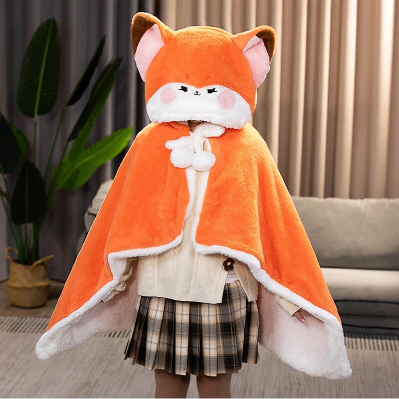 Adorable Orange Fox Plush Hoodie Blanket Cape