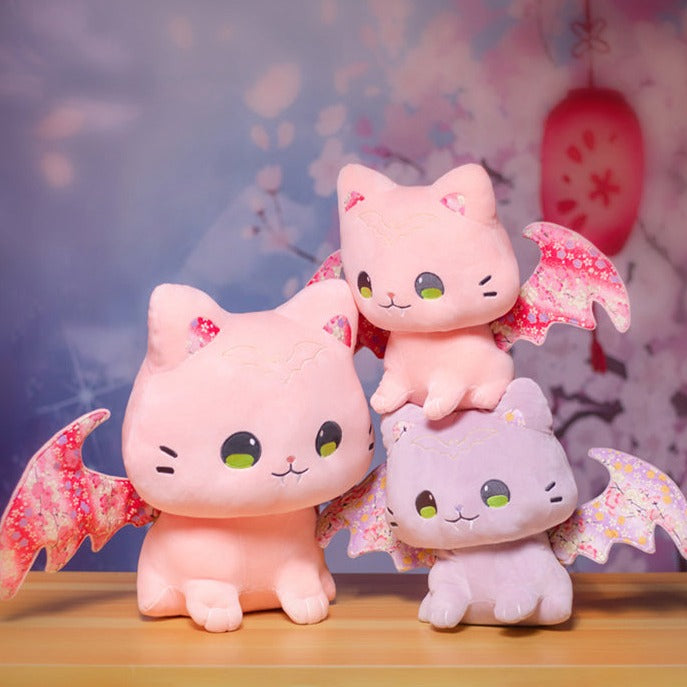Adorable Kawaii Sakura Cat Plushies: Luna & Solis with Enchanting Wings!
