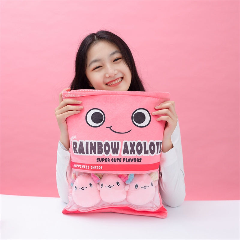 Sweethearted Rainbow Axolotl Plush Candy Bag – Adorable Pink and Blue Collection!