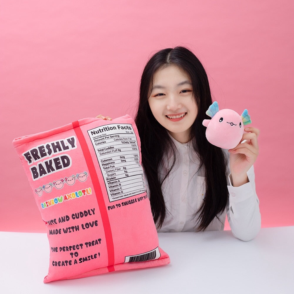 Sweethearted Rainbow Axolotl Plush Candy Bag – Adorable Pink and Blue Collection!