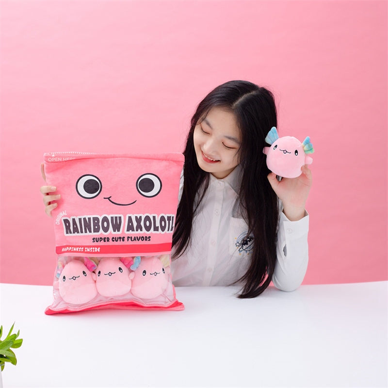 Sweethearted Rainbow Axolotl Plush Candy Bag – Adorable Pink and Blue Collection!
