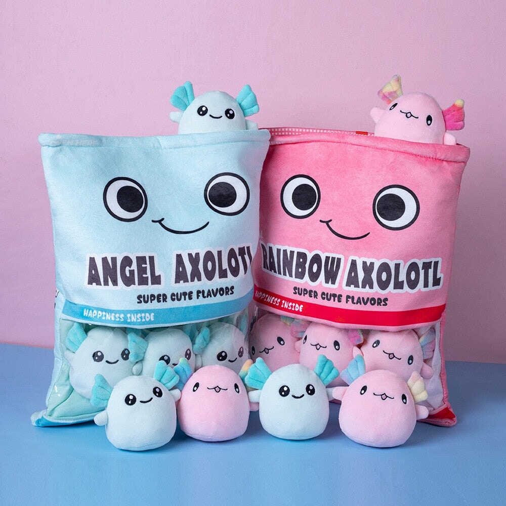 Sweethearted Rainbow Axolotl Plush Candy Bag – Adorable Pink and Blue Collection!