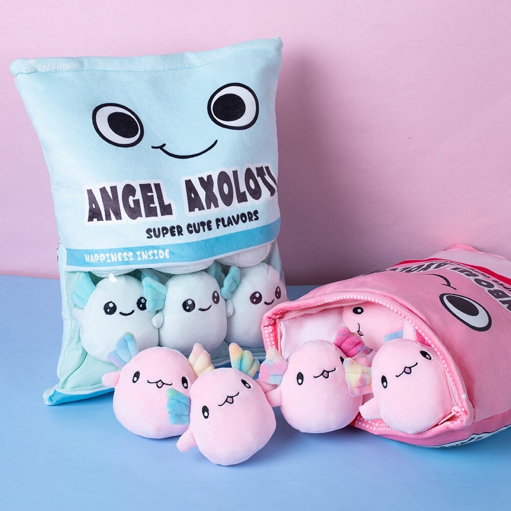 Sweethearted Rainbow Axolotl Plush Candy Bag – Adorable Pink and Blue Collection!
