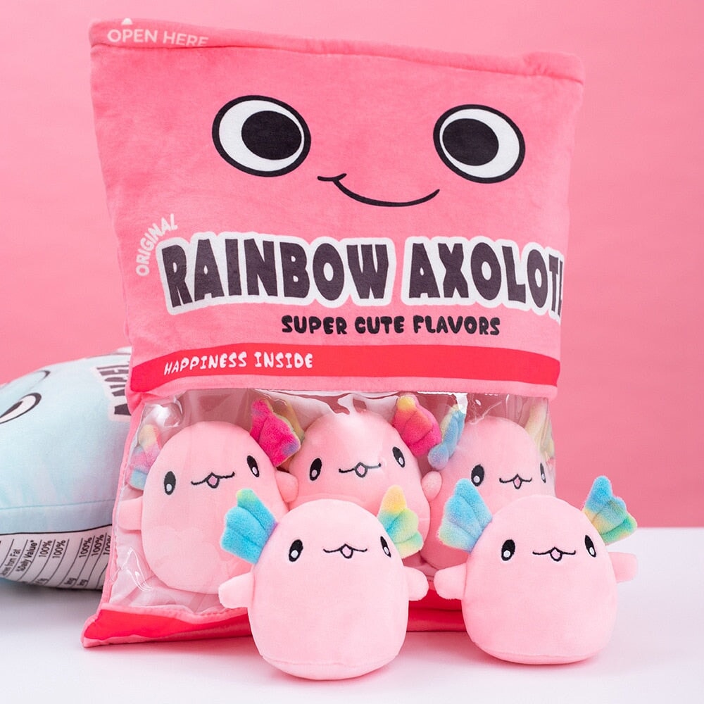 Sweethearted Rainbow Axolotl Plush Candy Bag – Adorable Pink and Blue Collection!