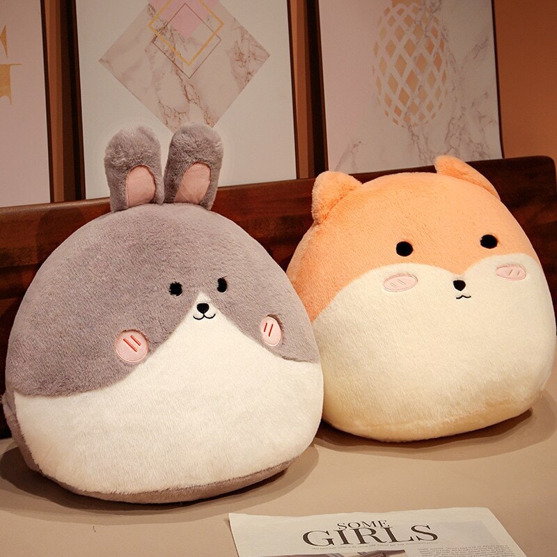 Adorable Round Plushie Collection: Cat, Bunny, and Fox Pillows