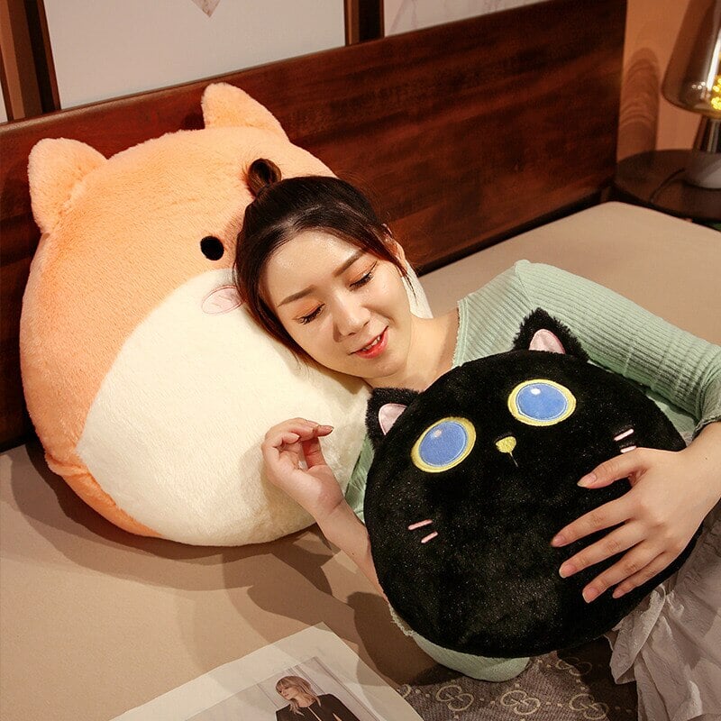 Adorable Round Plushie Collection: Cat, Bunny, and Fox Pillows