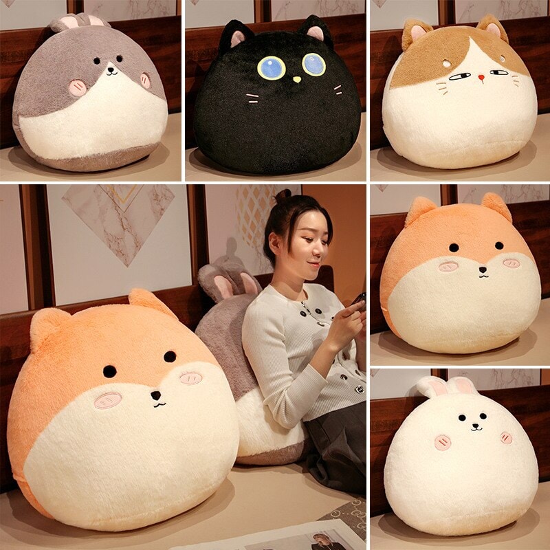 Adorable Round Plushie Collection: Cat, Bunny, and Fox Pillows