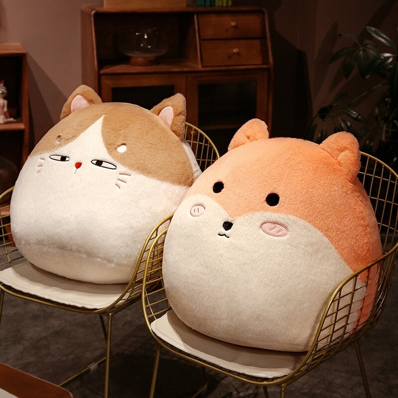 Adorable Round Plushie Collection: Cat, Bunny, and Fox Pillows