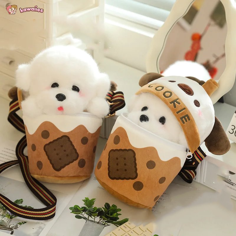 Adorable White Bichon Frisé Plushie Bubble Tea Cookie Tote