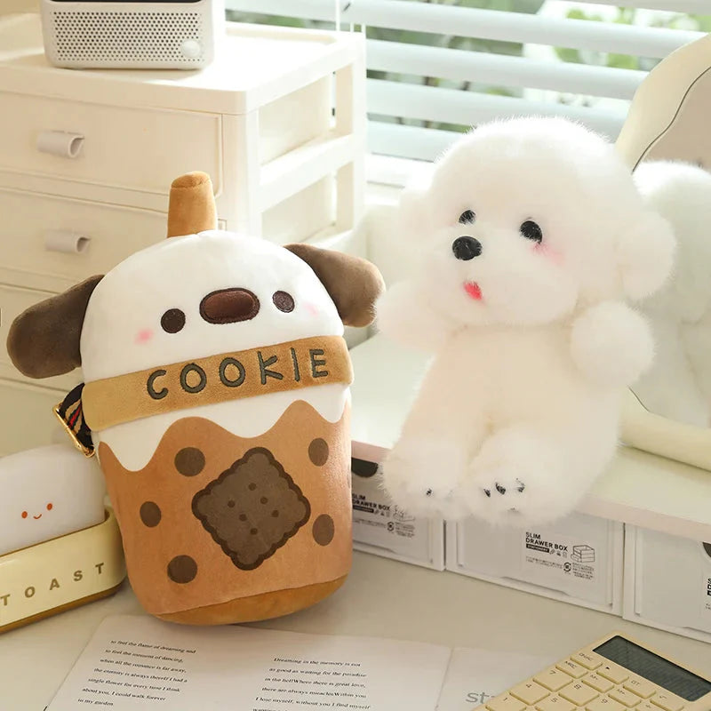 Adorable White Bichon Frisé Plushie Bubble Tea Cookie Tote