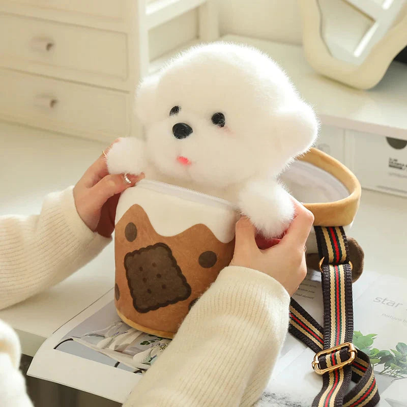Adorable White Bichon Frisé Plushie Bubble Tea Cookie Tote