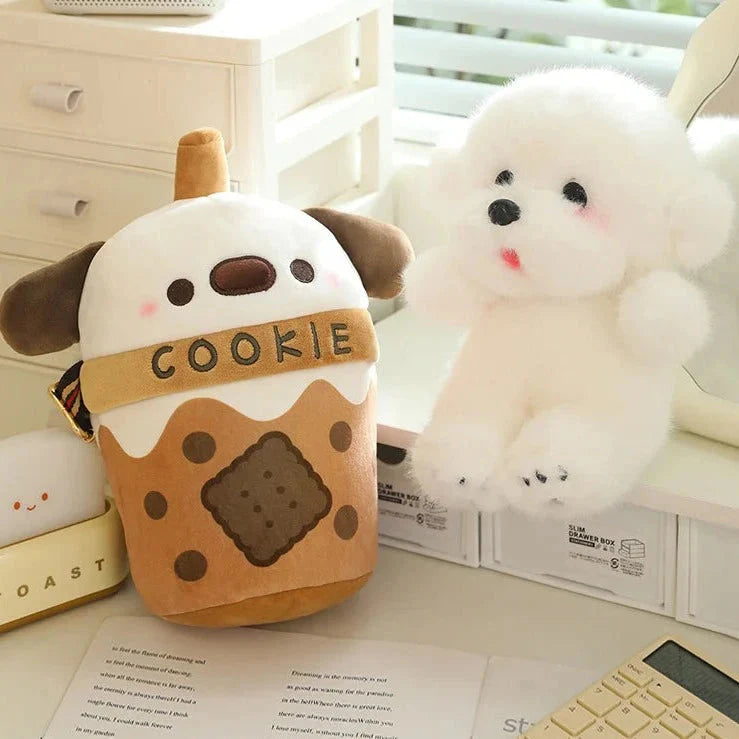 Adorable White Bichon Frisé Plushie Bubble Tea Cookie Tote
