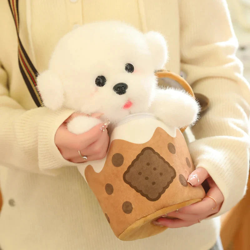 Adorable White Bichon Frisé Plushie Bubble Tea Cookie Tote