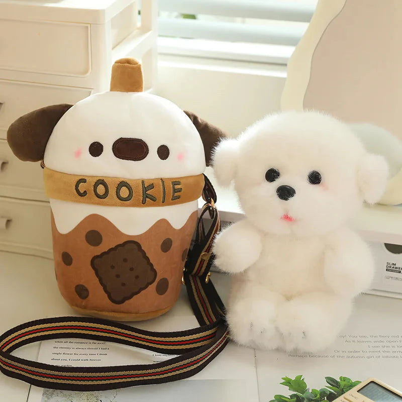 Adorable White Bichon Frisé Plushie Bubble Tea Cookie Tote