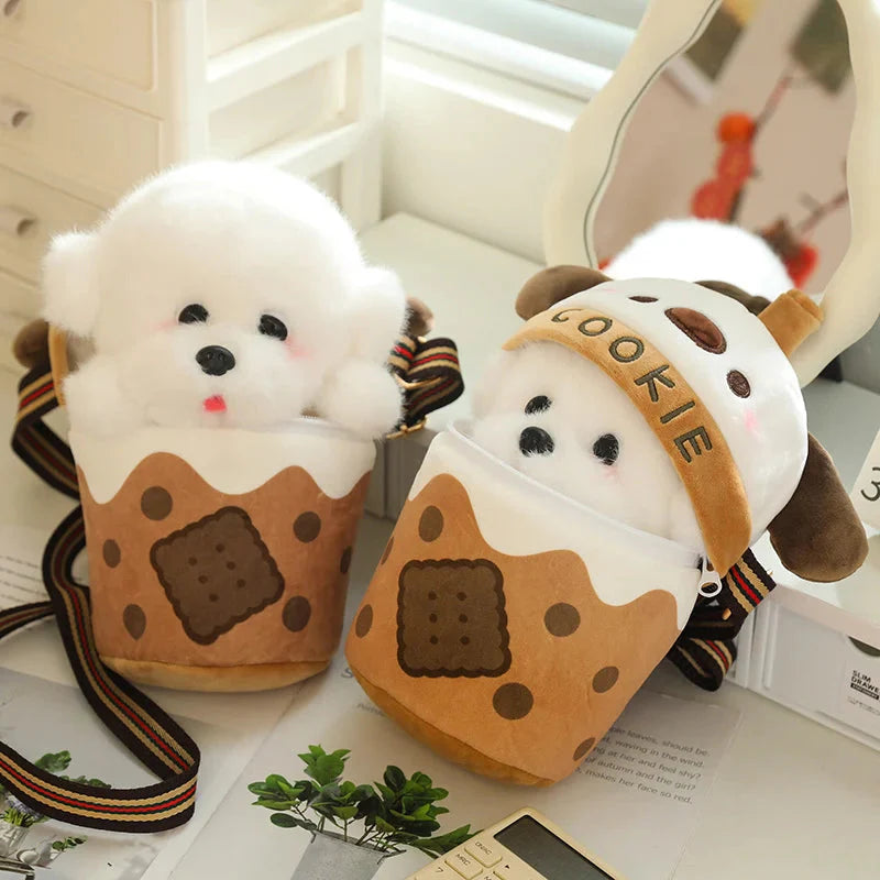 Adorable White Bichon Frisé Plushie Bubble Tea Cookie Tote