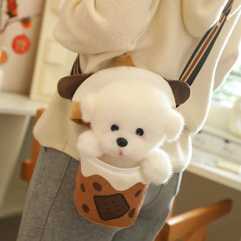 Adorable White Bichon Frisé Plushie Bubble Tea Cookie Tote