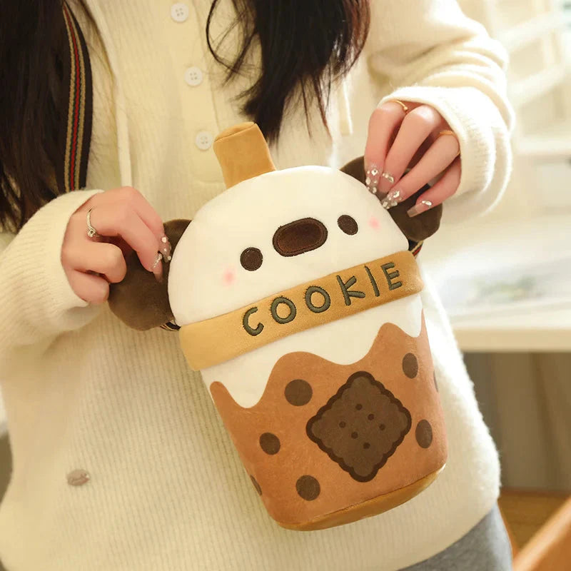 Adorable White Bichon Frisé Plushie Bubble Tea Cookie Tote