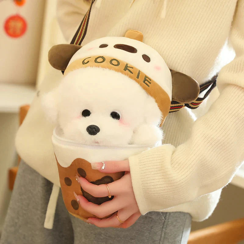 Adorable White Bichon Frisé Plushie Bubble Tea Cookie Tote