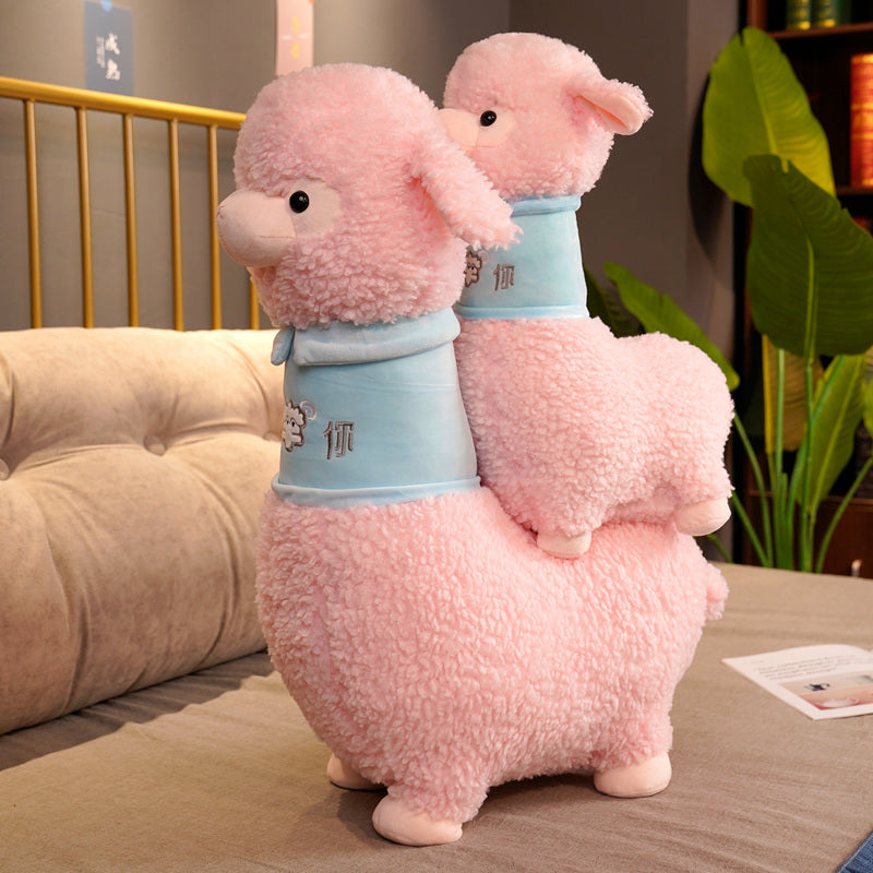 Adorable White and Pink Fluffy Alpaca Plush Toy